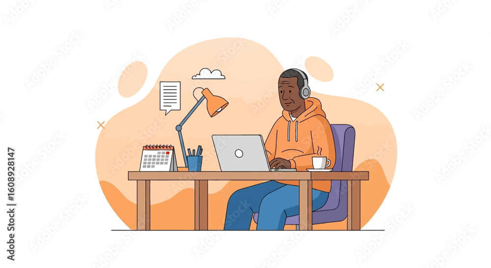 Fototapeta premium African American man working from home, using laptop and headphones. Perfect for blog posts, websites, and articles about remote work.