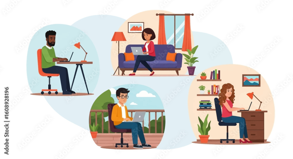 Diverse group of people working remotely from home, perfect for illustrating work from home, remote work, or telecommuting concepts. Diverse group of people working remotely from home, perfect for illustrating work from home, remote work, or telecommuting concepts.