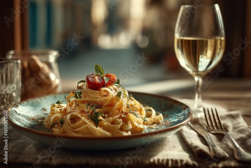 Delicious pasta dish served with white wine in a cozy restaurant during a warm evening