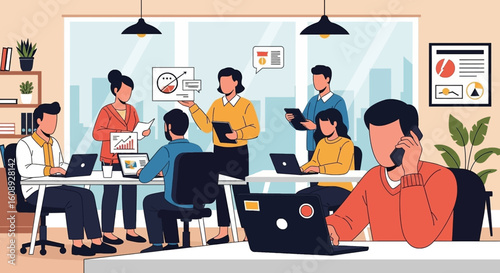 Diverse team collaborating in a modern office, perfect for illustrating teamwork and productivity on a company website or presentation.