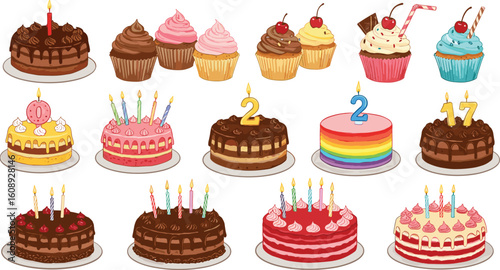 Colorful Birthday Cakes and Cupcakes with Candles, Rainbow Cake, and Dessert Treats for Celebrations flat vector illustration