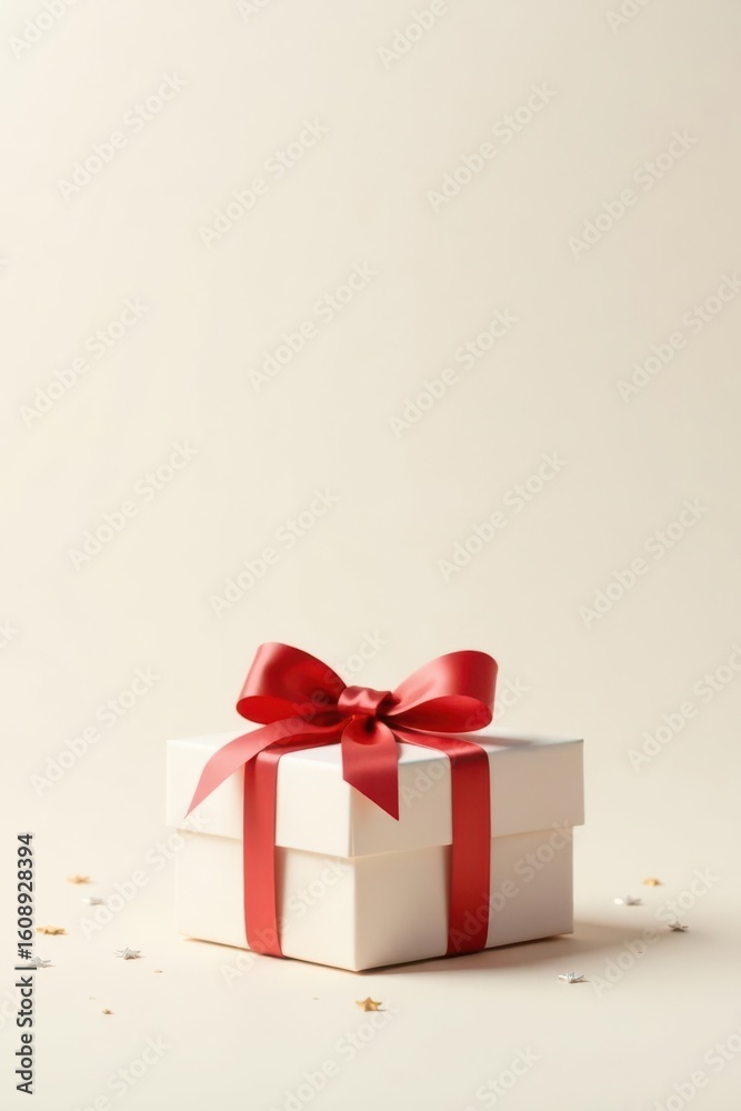 Fototapeta premium A pristine white gift box adorned with a vibrant red ribbon, elegantly presented against a muted background, scattered with tiny celebratory accents.