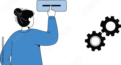 Activation Process: Woman pressing a button to initiate mechanism represented by interlocking gears, system startup, technology activation, automation control, operational beginning