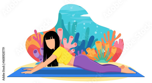 Woman practicing yoga on a mat with a vibrant underwater coral reef background - perfect for wellness websites or brochures.