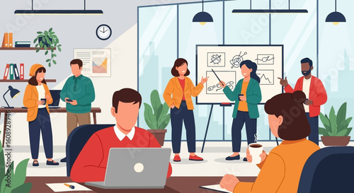 Diverse team brainstorming and collaborating in a modern office setting. Ideal for websites, presentations, and marketing materials.