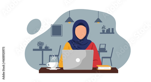 Woman in hijab working on laptop in cafe, perfect for website banners or blog posts about remote work or entrepreneurship.