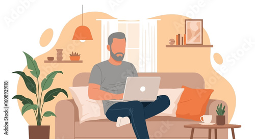 Man working from home on laptop, relaxing on sofa. Ideal for blog posts, websites, or articles about remote work.