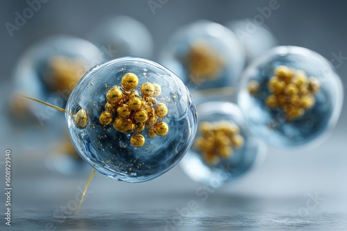 Intricate structures of cells with golden particles floating in a scientific environment at a laboratory