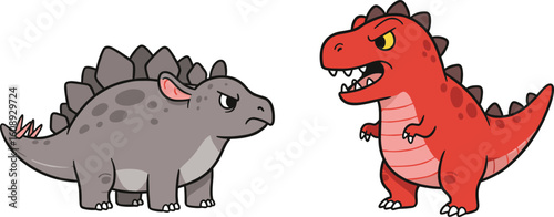 Adorable Cartoon Dinosaurs: Spiky Stegosaurus and Roaring Tyrannosaurus Rex Side by Side
