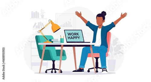 Happy worker celebrating success at desk, perfect for blogs and websites about work-life balance.