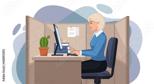 Businesswoman working at her computer in a modern office cubicle. Ideal for websites, brochures, and presentations related to business, technology, and work.