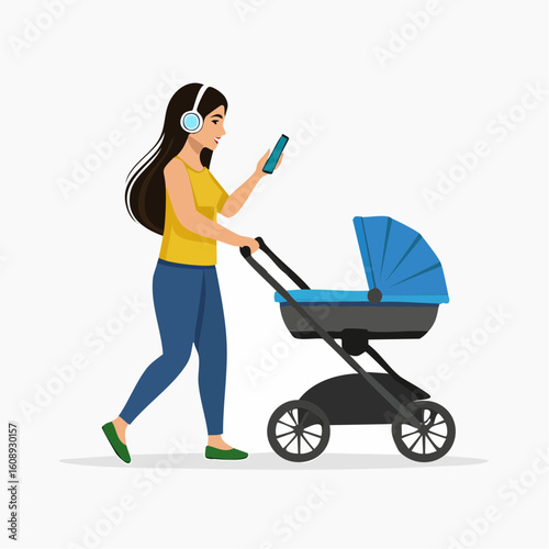 Young mother pushing a baby stroller while listening to music on headphones and using a smartphone. Modern multitasking parenthood concept.