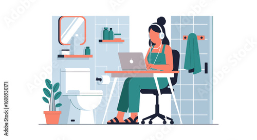 Woman working on laptop in bathroom, modern minimalist illustration for blog or website.