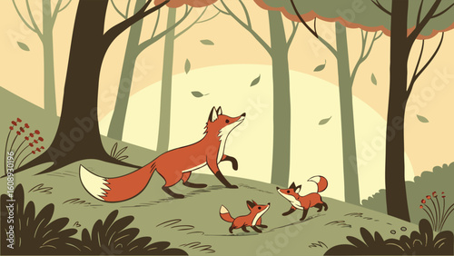 Playful Fox Family Frolicking Joyfully Near a Forest Clearing at Dusk