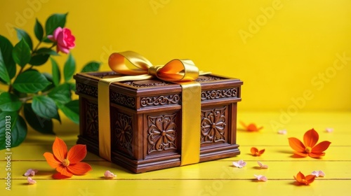 Intricately Carved Wooden Gift Box with Golden Ribbon and Delicate Flowers on Yellow Background