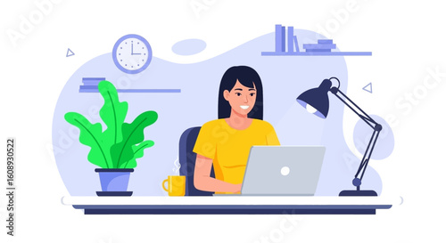 Happy woman working on laptop at home office, perfect for website or blog post about remote work.