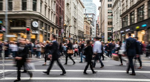 Busy city street scene with pedestrians crossing.
