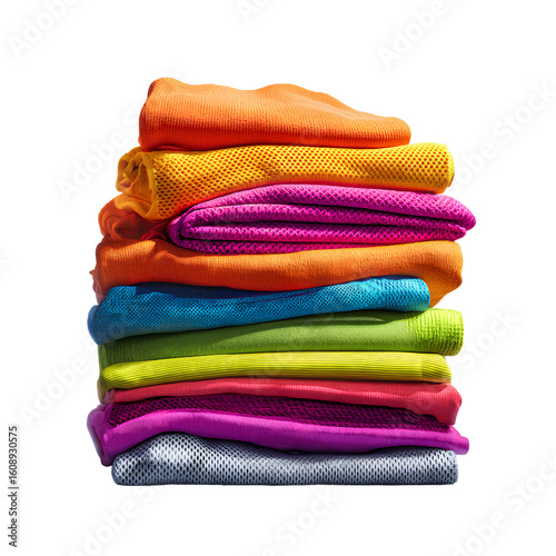 Colorful Assortment of Folded Sportswear in Stack, Various Fabrics and Textures, Isolated on Transparent Background