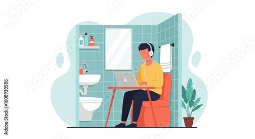 Person working on laptop in a small bathroom, ideal for illustrating remote work challenges or unusual workspaces.