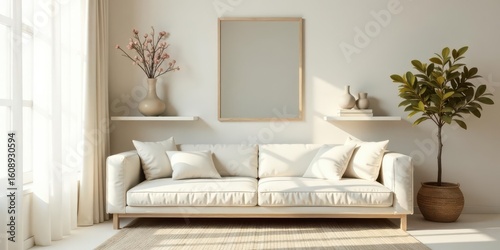 Serene Living Room Interior Design with Neutral Tones and Natural Elements, Featuring a Comfortable Sofa and a Minimalist Aesthetic