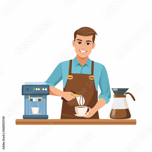 Smiling barista preparing coffee, with equipment, a brewing setup, and serving the drink