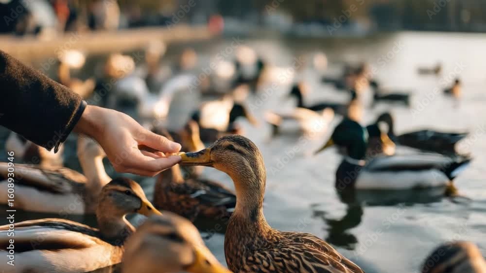 Person hand feeding ducks on lake.