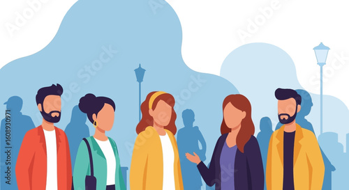 Diverse group of young adults interacting in an urban setting, ideal for websites, brochures, or social media.