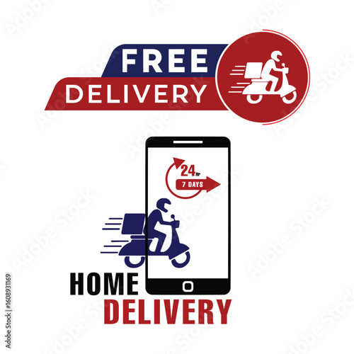 Free delivery graphic features a scooter rider and text for online shopping.