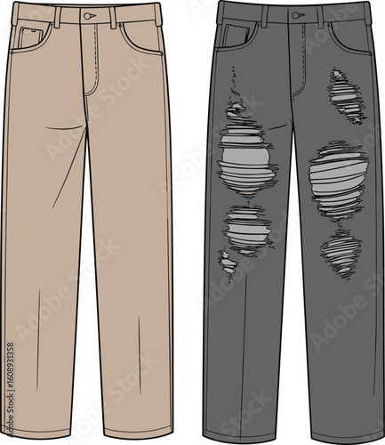 Beige and Distressed Gray Pants Front View Illustration, Dual Style Layout, Fashionable Casual Apparel Design, Stylish Streetwear Clothing Vector Artwork