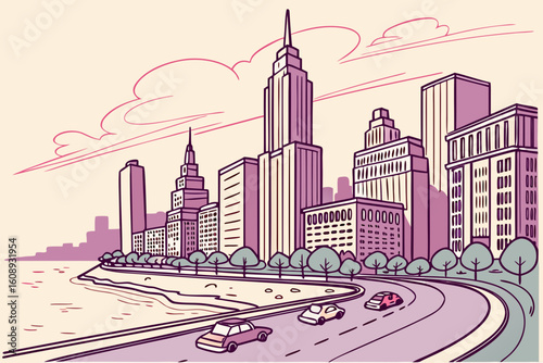 Stylized cityscape with skyscrapers and waterfront drive