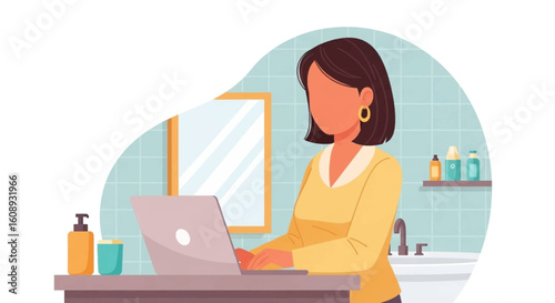 Woman working on laptop in bathroom, perfect for blog posts about work-life balance or remote work.