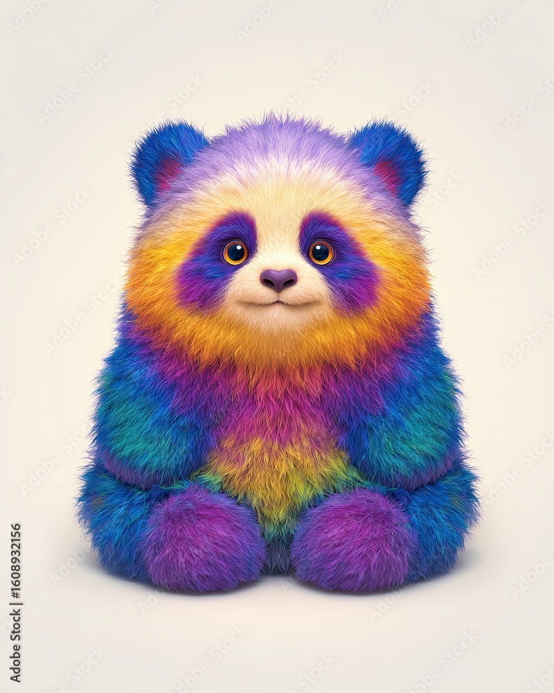 Fototapeta premium Big Eyes Animal Cartoon A vibrant, rainbow-colored panda plush toy sitting joyfully against a neutral backdrop.