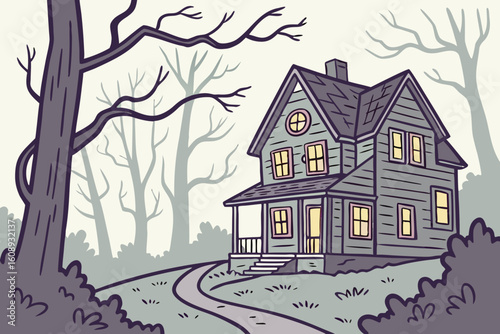 Spooky old house on a hill with bare trees