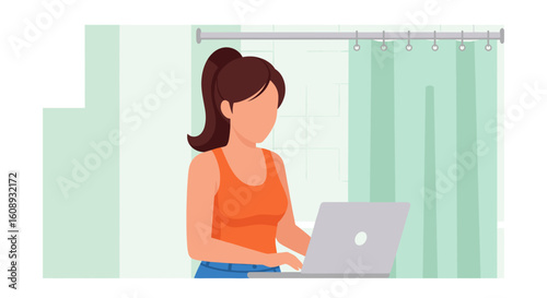 Woman working on laptop in bathroom, perfect for blog posts about work-life balance or remote work.
