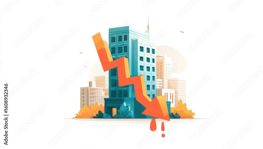 Obraz premium Office building with a falling red arrow, symbolizing downturn