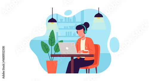 Woman working on laptop in a cafe, perfect for blog posts about remote work, freelancing, or coffee shop culture.