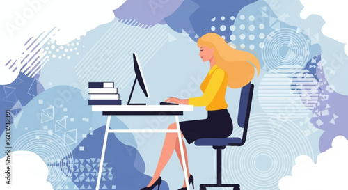 Woman working at computer, vector illustration for website or brochure.