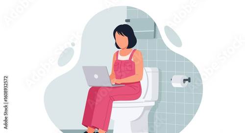 Woman working on laptop while sitting on toilet - Illustration for blog, article or website.