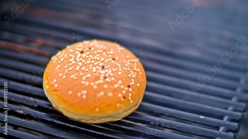 Toasted sesame seed bun on a grill