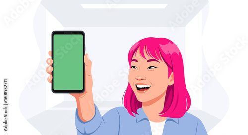 Happy woman showing smartphone with green screen, perfect for app presentations or website mockups.