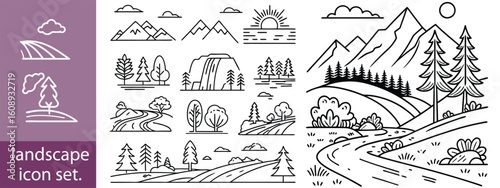 Set of outline icons landscape. landscape icon set, Linear icon collection. Editable stroke. Vector illustration