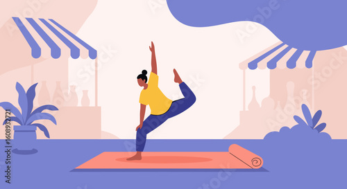 Woman practicing yoga outdoors near market stalls. Perfect for wellness blogs, fitness websites, or healthy lifestyle brochures.