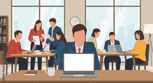 Diverse business team collaborating in a modern office, perfect for website banners or presentations.