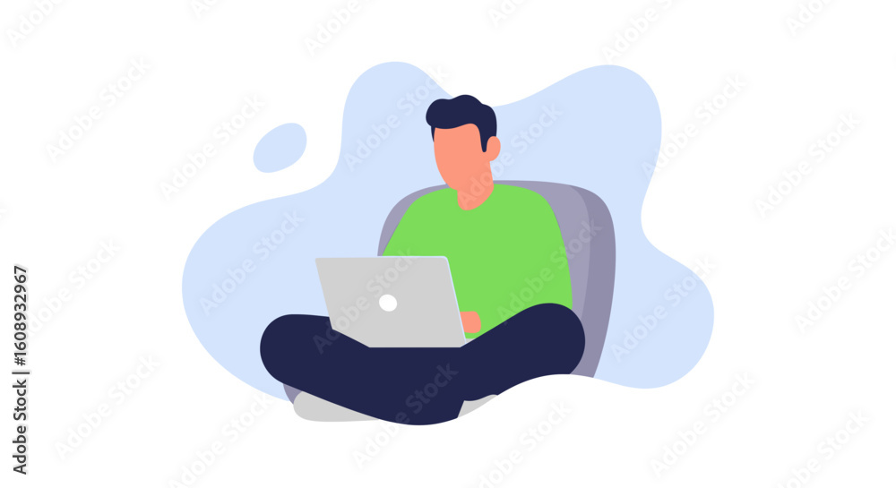 Fototapeta premium Man working on laptop, comfortable home office illustration, perfect for blog posts and websites.