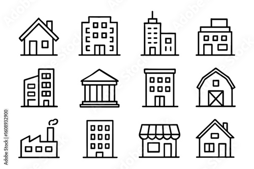 Minimalist linear icon set of various buildings and architectural structures