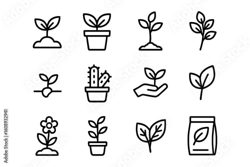 Minimalist plant icons collection: simple linear designs for gardening and nature themes