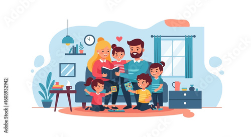 Happy family spending quality time together at home, perfect for family blogs, parenting websites, or children's book illustrations.