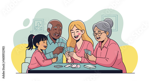 Multigenerational family playing cards together, illustration perfect for family blogs, websites, or brochures.