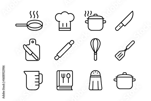 Minimalist kitchen utensils icons set in linear style for cooking and baking