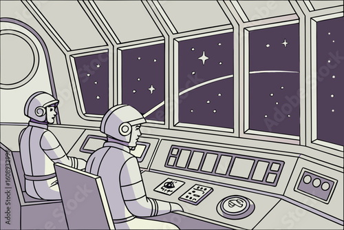 Astronauts in spaceship cockpit looking out at starry sky